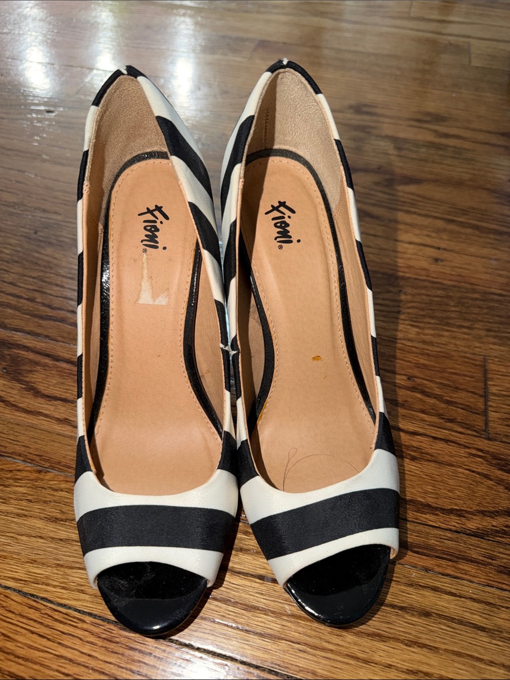 Fioni Women’s Black and White Striped Peep-Toe Heels